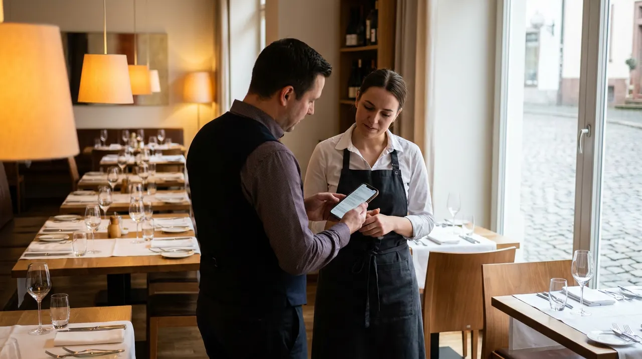Restaurantleiter zeigt einer Servicekraft im Hotelrestaurant eine Dienstplanänderung auf dem Smartphone