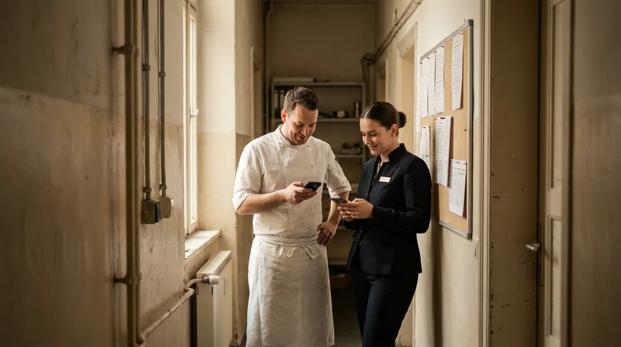 Küchenchef und Rezeptionist stimmen sich im Hotelgang kurz ab, beide mit Smartphone in der Hand