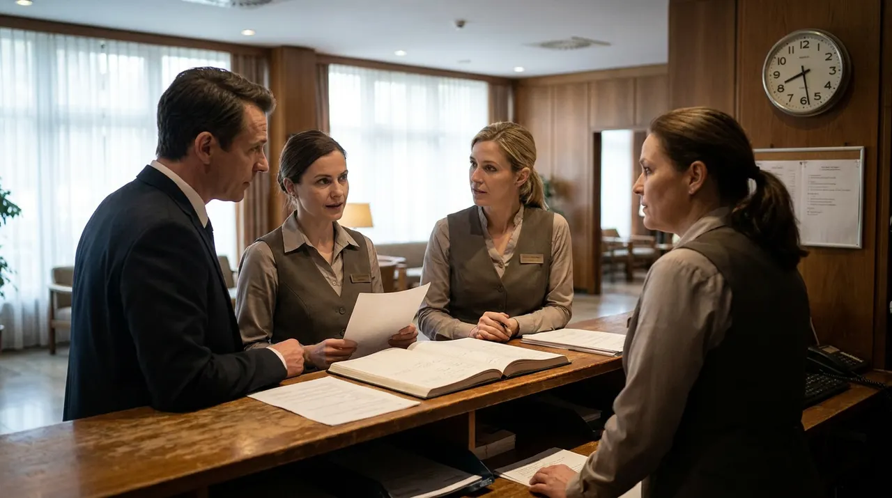 A hotel manager goes through the day’s schedule with the front-desk team behind the counter