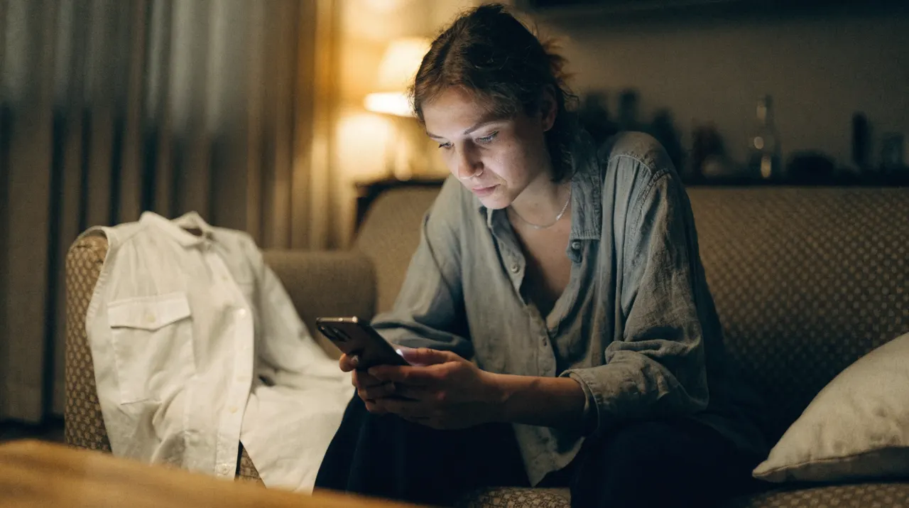 Hotelmitarbeiterin liest abends auf dem Sofa auf dem privaten Smartphone eine Schichttausch-Nachricht