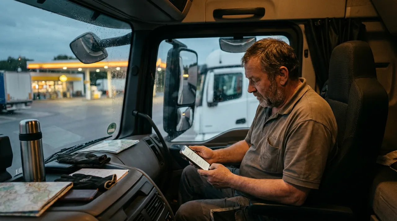 Lkw-Fahrer im Führerhaus liest offline ein Frachtdokument auf dem Smartphone, Rasthof im Hintergrund