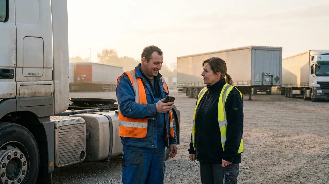 Fahrer und Disponent sprechen im Speditionshof neben der Zugmaschine, der Fahrer hält ein Smartphone