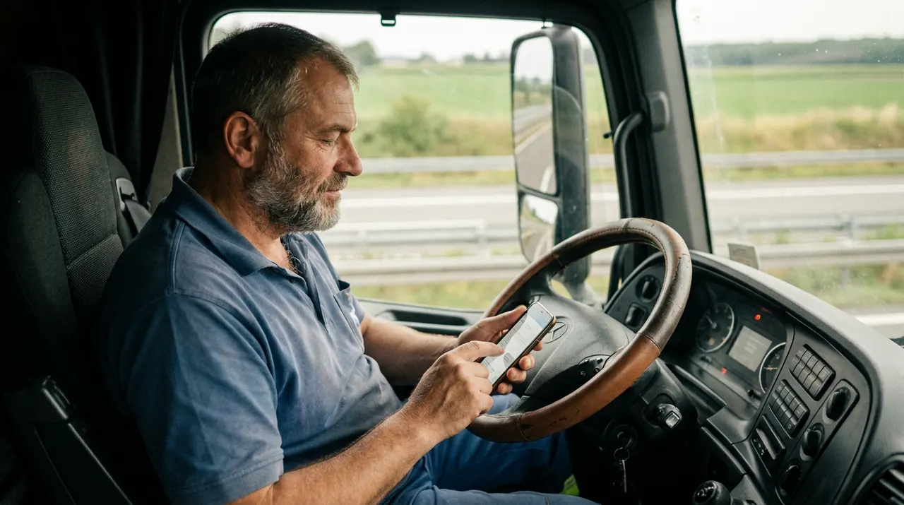 Fahrer liest im Führerhaus eine mehrsprachige Sicherheitsunterweisung auf dem Smartphone