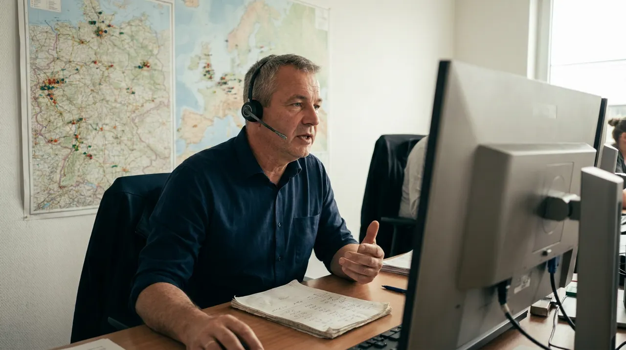 Disponent im Speditionsbüro telefoniert mit Headset, Notizblock voller handschriftlicher Nummern vor sich