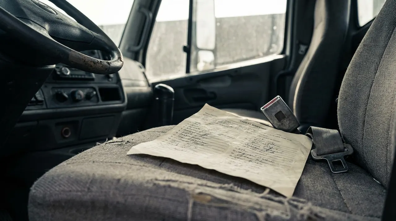 Papier-Unterweisungsbogen mit Unterschriften liegt zerknittert auf dem Fahrersitz eines Lkw