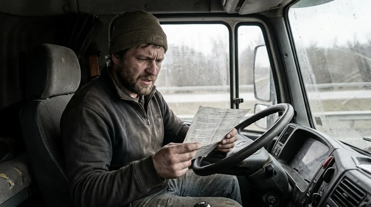 Fahrer aus dem Ausland liest im Führerhaus eine deutschsprachige Betriebsanweisung mit ratlosem Blick