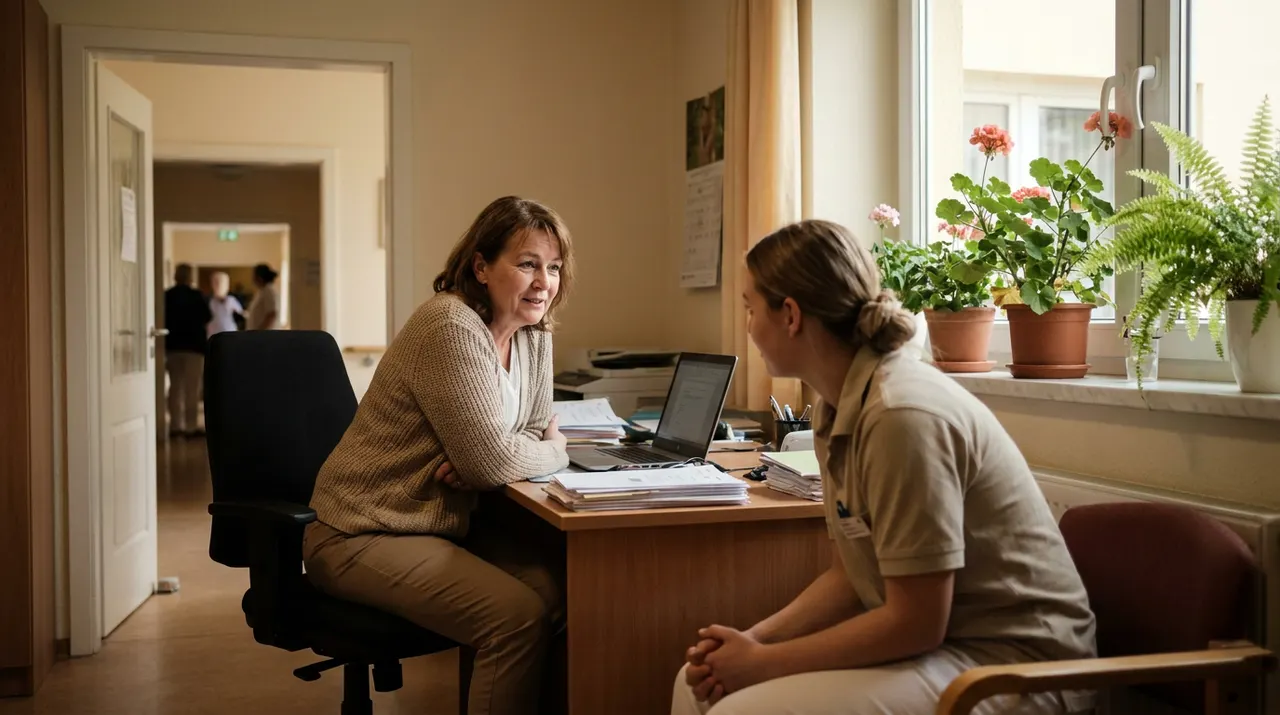Pflegedienstleiterin im Büro einer Pflegeeinrichtung im Gespräch mit einer Mitarbeiterin