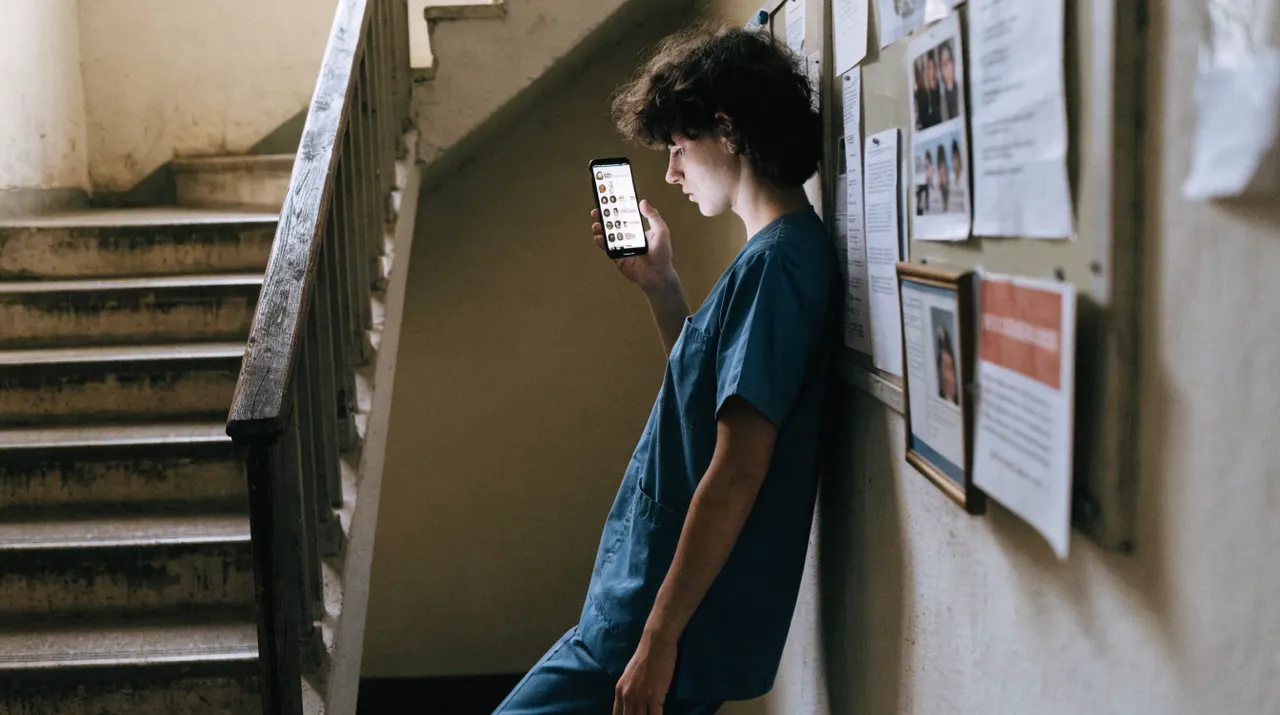 Pflegekraft liest im Treppenhaus auf dem privaten Smartphone eine Gruppennachricht zum Dienstplan