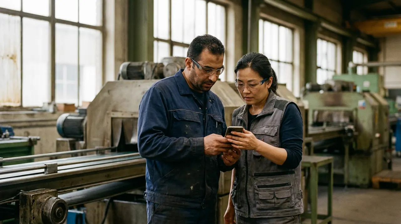 Zwei Produktionsmitarbeitende lesen gemeinsam eine Anweisung auf dem Smartphone