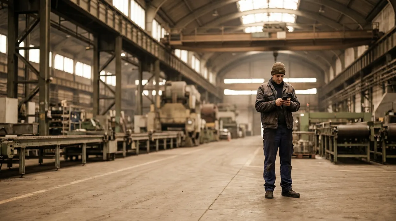 Produktionsmitarbeiter nutzt sein privates Smartphone in der Werkshalle