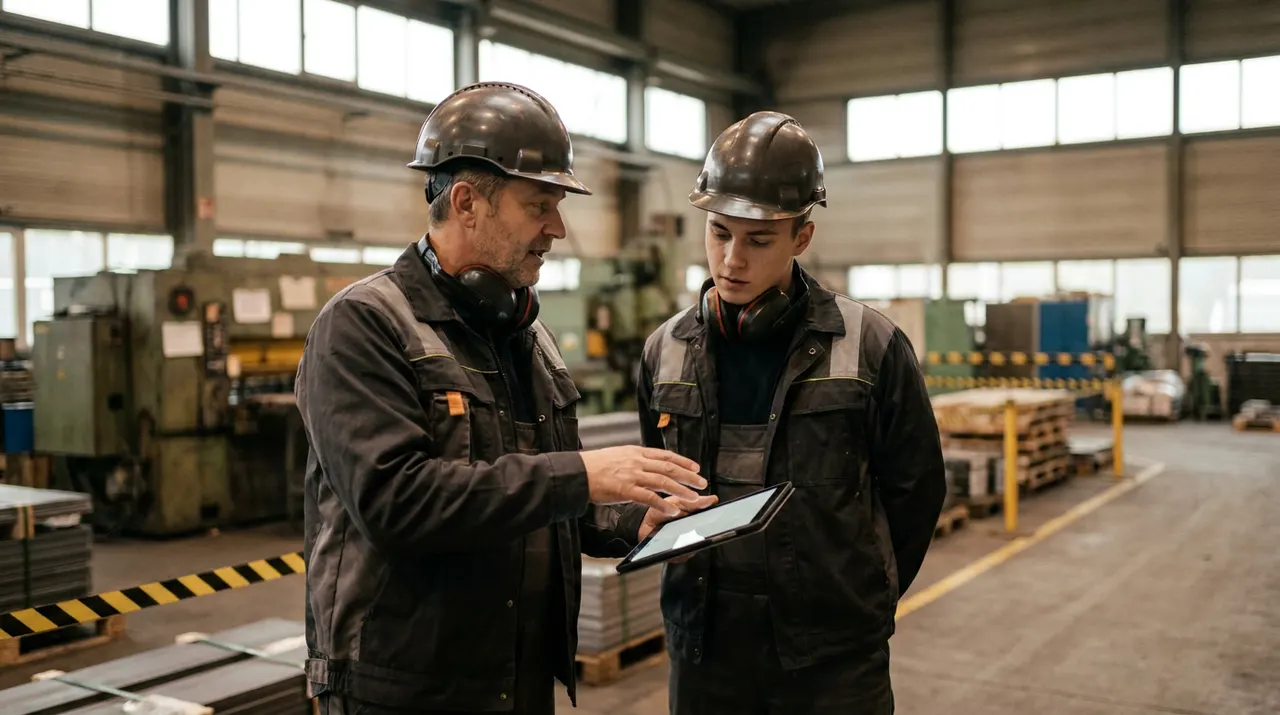 Schichtleiter geht mit einem neuen Mitarbeiter in der Halle eine Einarbeitungsliste auf dem Tablet durch
