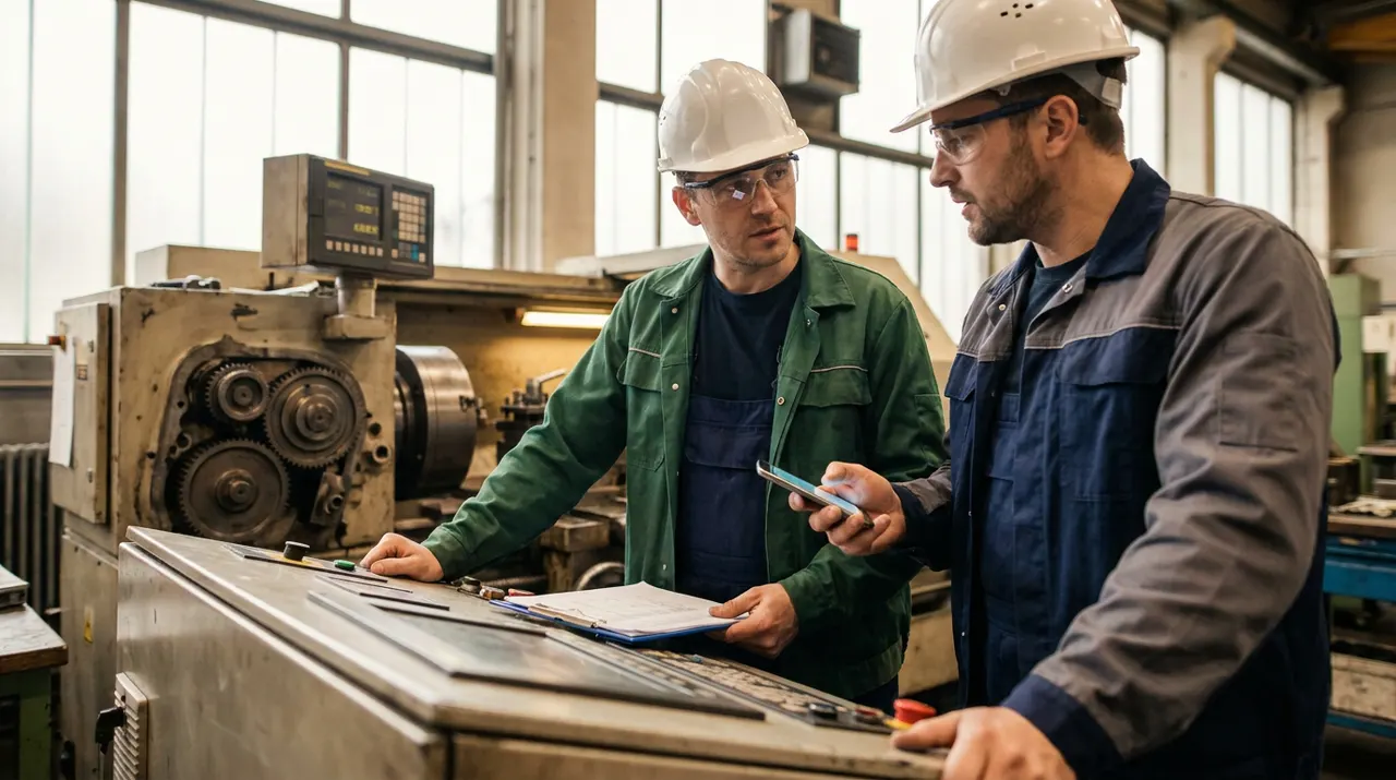 Schichtübergabe an der Maschine, zwei Mitarbeitende in Arbeitskleidung mit Notizbrett und Smartphone