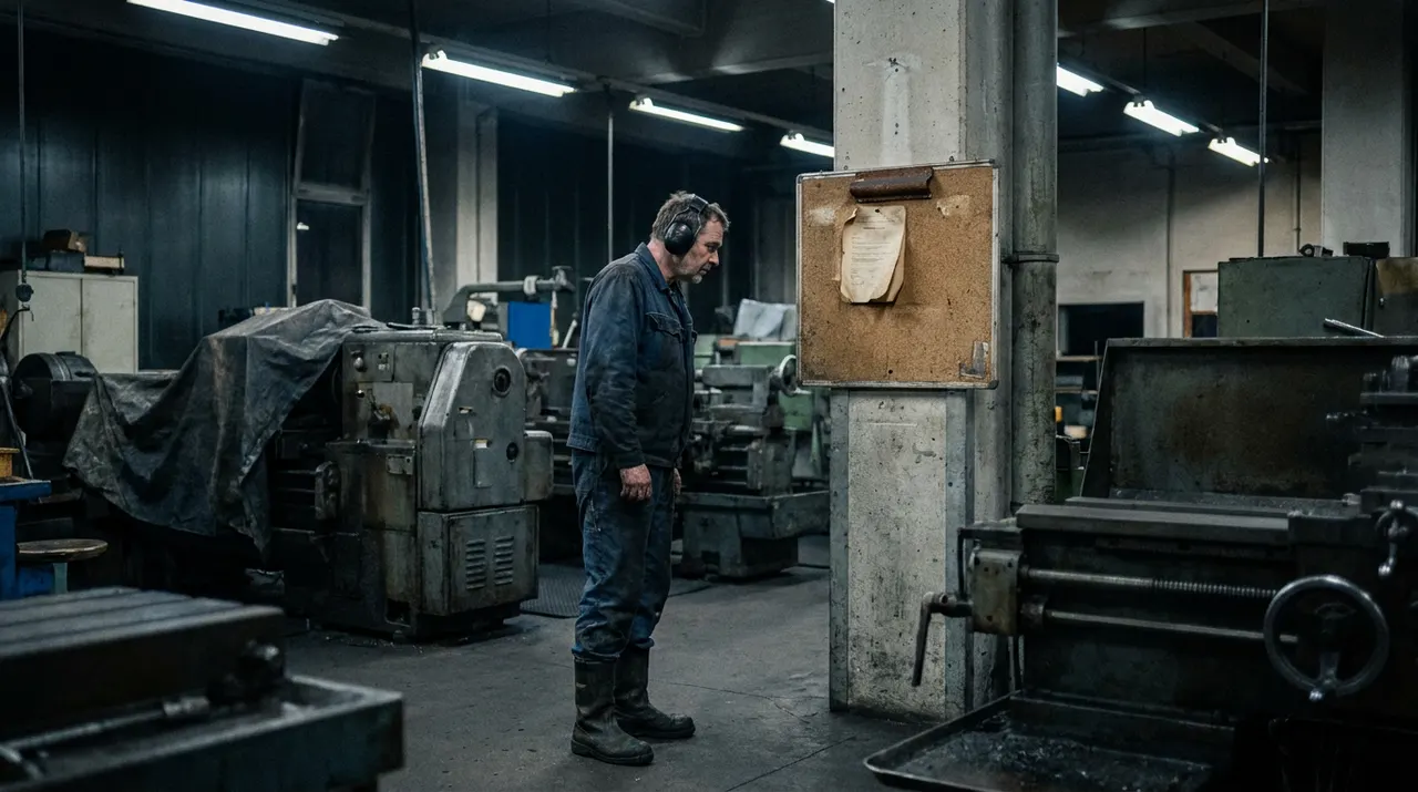 Nachtschichtmitarbeiter liest allein an der Maschine einen alten Aushang am Schwarzen Brett