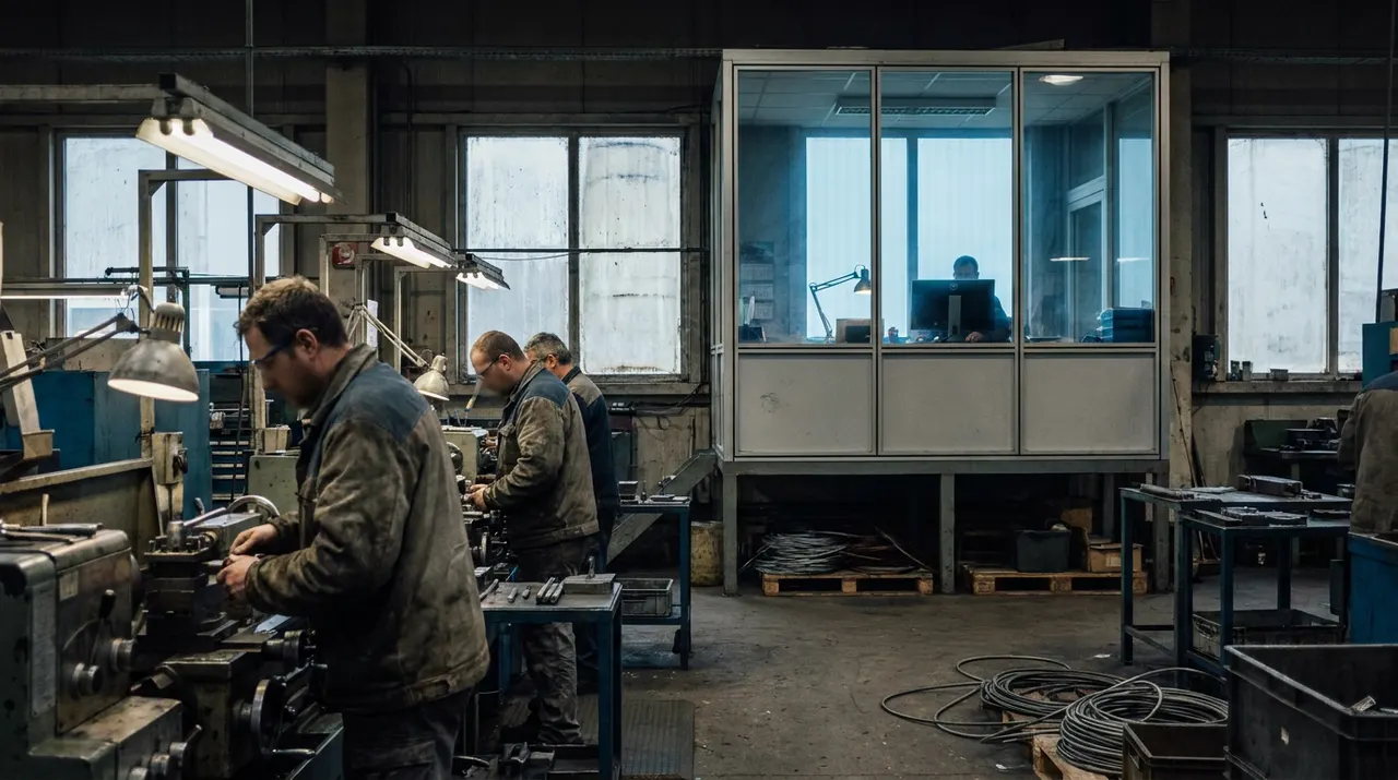 Blick durch die Fertigungshalle auf ein einzelnes abgeschlossenes Büro mit PC, davor Mitarbeitende ohne Bildschirm